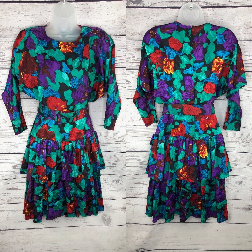VTG 80s Silk Studio For Petites Bold Floral Dress